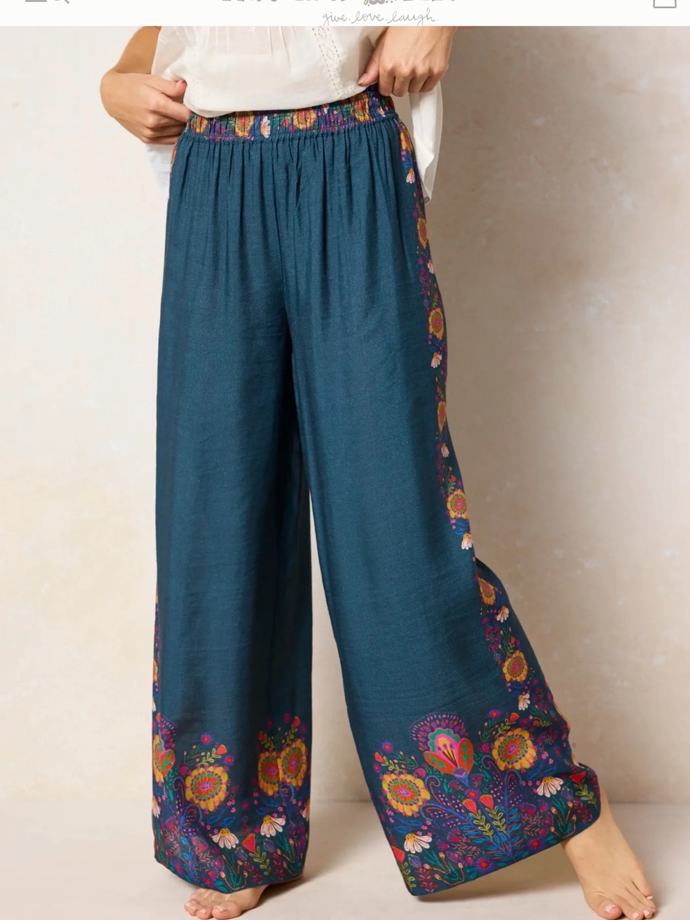 NATURAL LIFE Teal Wide Leg Pants with Multicolor Floral Border NWT - Picture 11 of 11